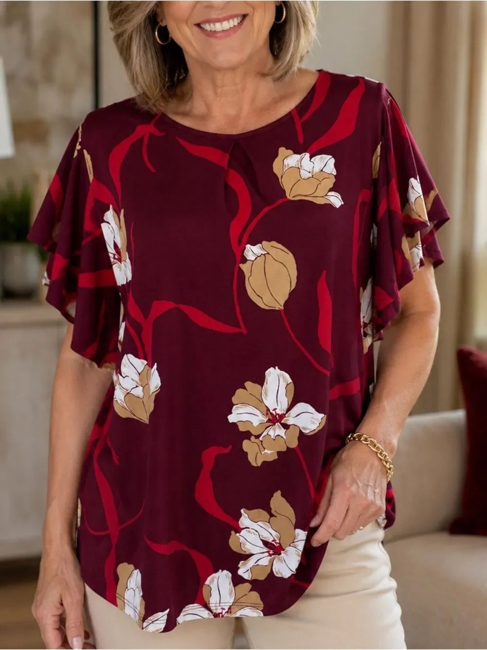 Liz Claiborne Petite XL Floral Blouse Burgundy Flutter Sleeve Career Top
